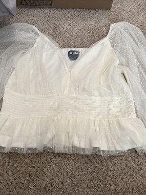 Ivory Dotted Swiss Puff Sleeve Peplum Top